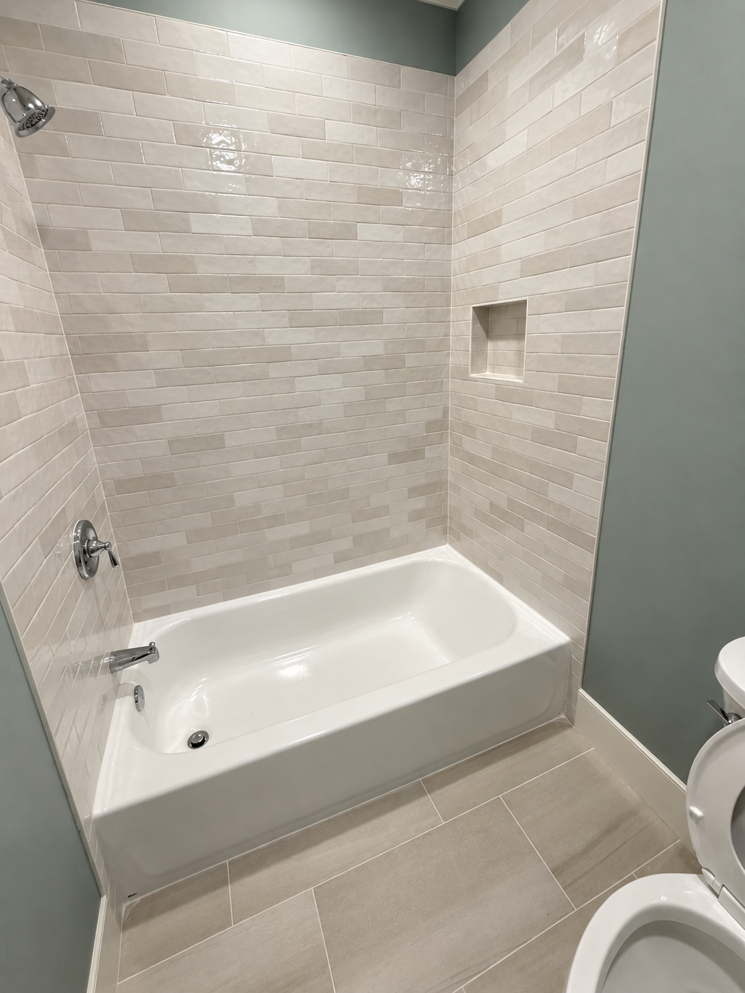 Gray stone-look tile installation